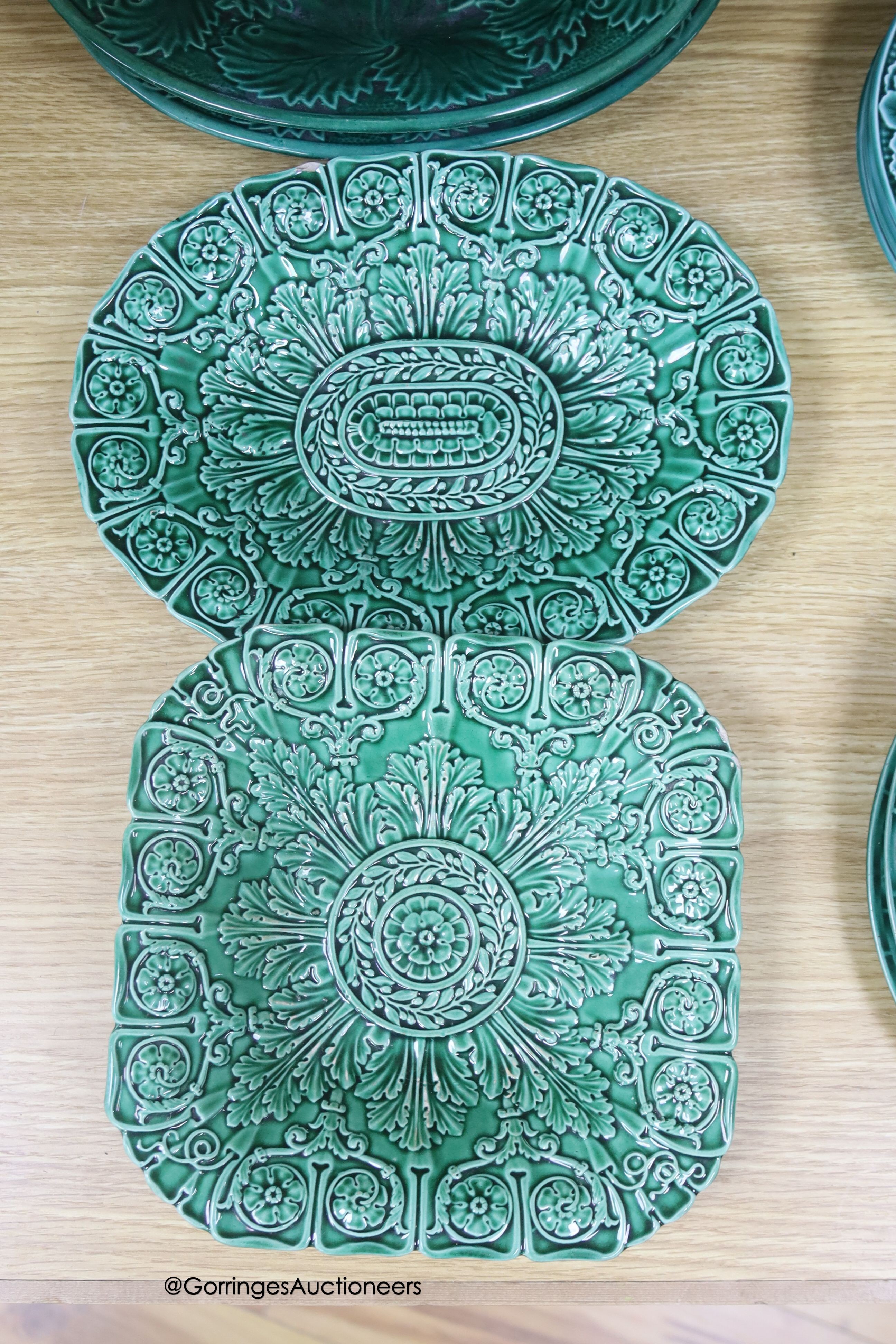 A quantity of 19th/20th century green glazed cabbage wares including Wedgwood